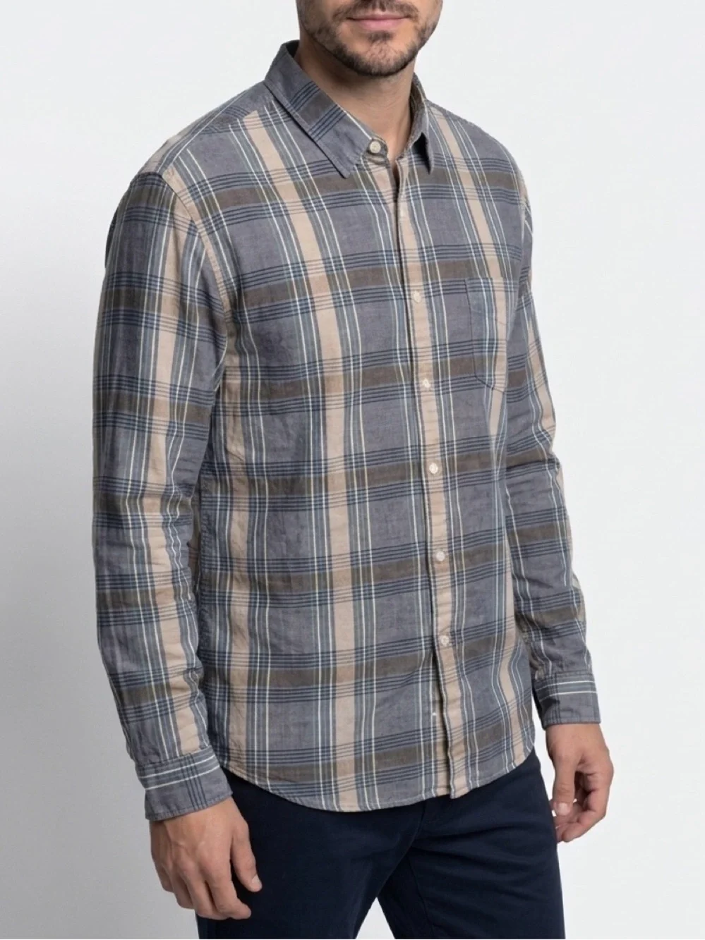 J.Crew Men’s Lightweight Chambray Plaid Button Down Shirt Blue Gray Tan Large